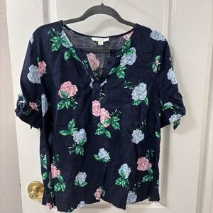 Charter Club Luxury Linen Hydrangea Navy Floral Popover Blouse Top size XL